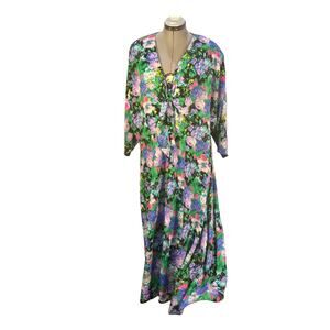 Volup Vintage 90s Venezia Floral Deep V Neckline Bat Sleeves Boho Maxi Dress 26